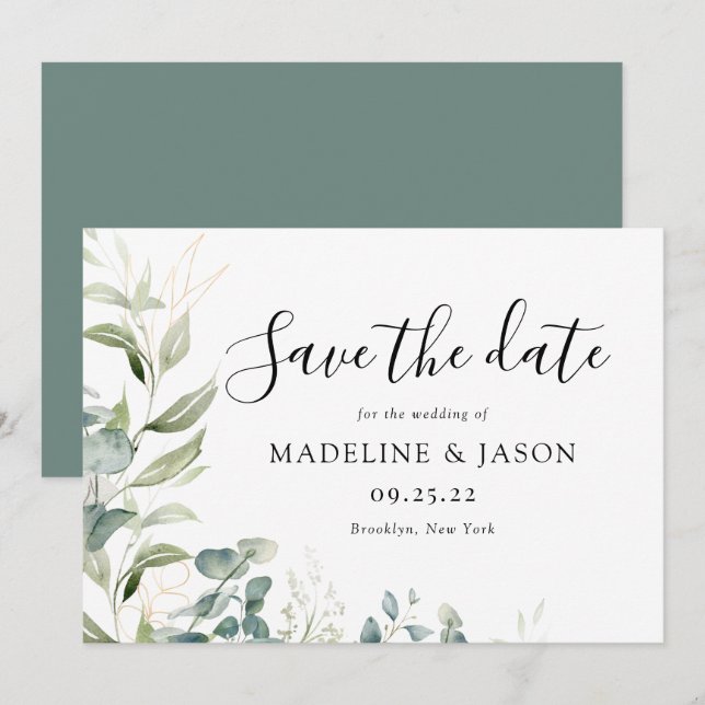 Watercolor Greenery Eucalyptus Gold Wedding Save The Date (Front/Back)