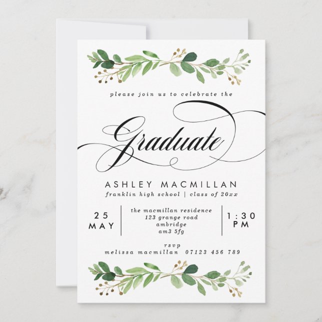 Watercolor Greenery Eucalyptus Graduation Party Invitation (Front)