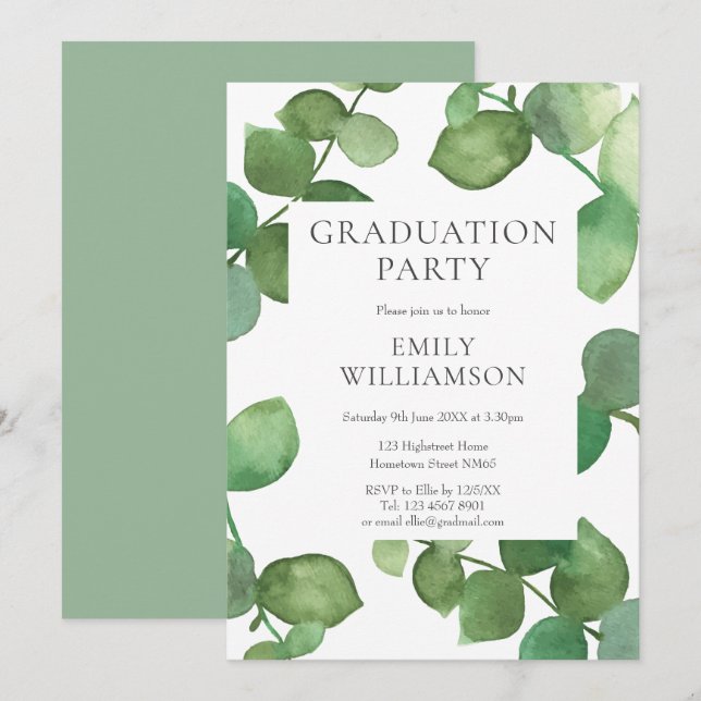 Watercolor Greenery Eucalyptus Graduation Party  Invitation (Front/Back)