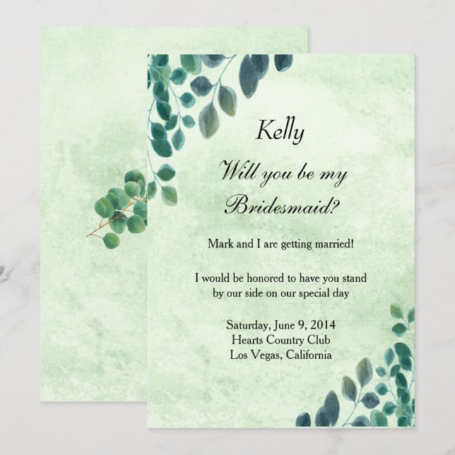 Watercolor Greenery Eucalyptus Leaves Bridesmaid Invitation (Front/Back)
