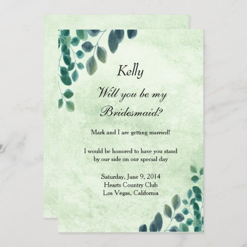 Watercolor Greenery Eucalyptus Leaves Bridesmaid Invitation