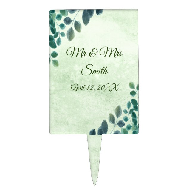 Watercolor Greenery Eucalyptus Leaves Wedding Cake Topper (Front)
