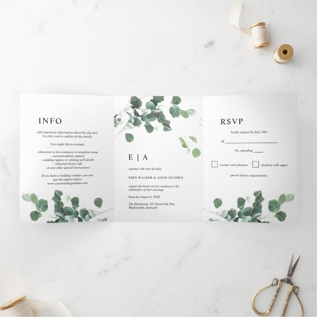 Watercolor Greenery Eucalyptus Leaves Wedding Tri-Fold Invitation (Inside)