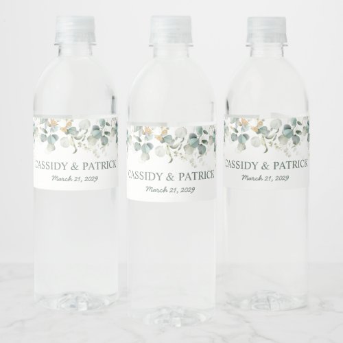 Watercolor greenery eucalyptus leaves Wedding Water Bottle Label