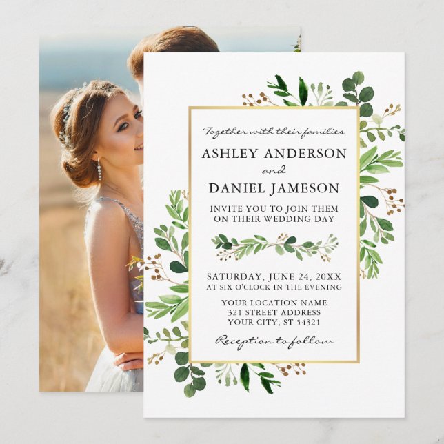 Watercolor Greenery Eucalyptus Photo Gold Wedding Invitation (Front/Back)