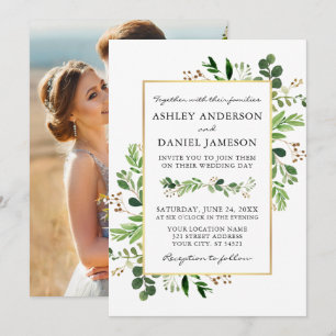 Watercolor Greenery Eucalyptus Photo Gold Wedding Invitation