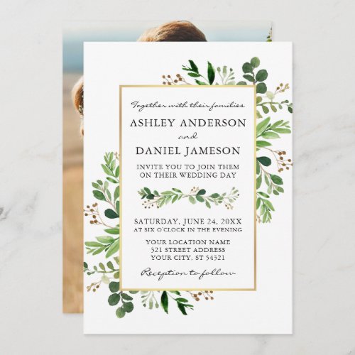 Watercolor Greenery Eucalyptus Photo Gold Wedding Invitation