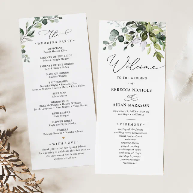 Watercolor Greenery Eucalyptus Wedding Program | Zazzle