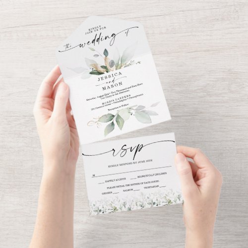 Watercolor Greenery Eucalyptus with Gold Wedding  All In One Invitation