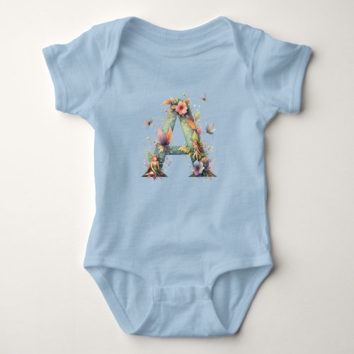 Watercolor Greenery Fairies Monogram Letter A Baby Bodysuit