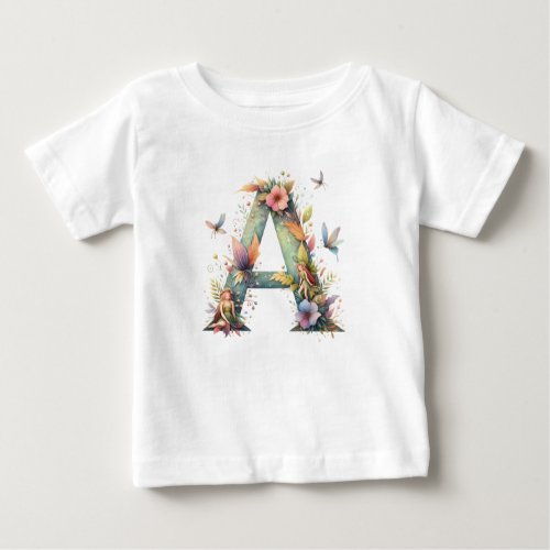 Watercolor Greenery Fairies Monogram Letter A Baby T_Shirt