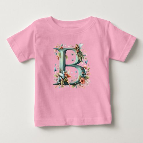 Watercolor Greenery Fairies Monogram Letter B Baby T_Shirt