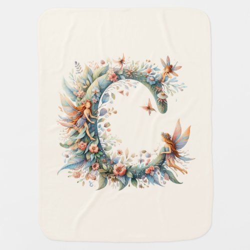 Watercolor Greenery Fairies Monogram Letter C Baby Blanket