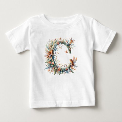 Watercolor Greenery Fairies Monogram Letter C Baby T_Shirt