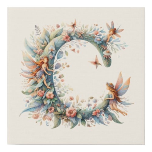 Watercolor Greenery Fairies Monogram Letter C Faux Canvas Print