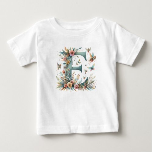 Watercolor Greenery Fairies Monogram Letter E Baby T_Shirt