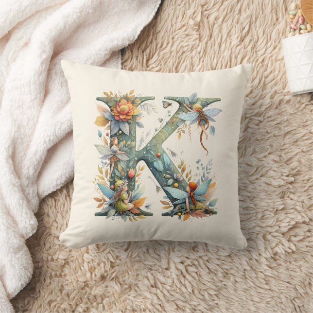 Watercolor Greenery Fairies Monogram Letter K Throw Pillow (Blanket)