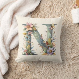 Watercolor Greenery Fairies Monogram Letter N Throw Pillow