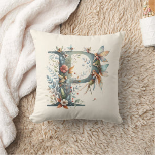 Watercolor Greenery Fairies Monogram Letter P Throw Pillow