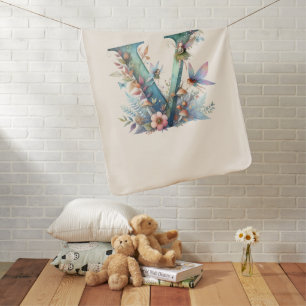 Watercolor Greenery Fairies Monogram Letter V Baby Blanket