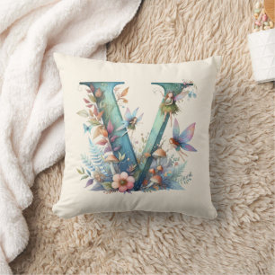 Watercolor Greenery Fairies Monogram Letter V Throw Pillow