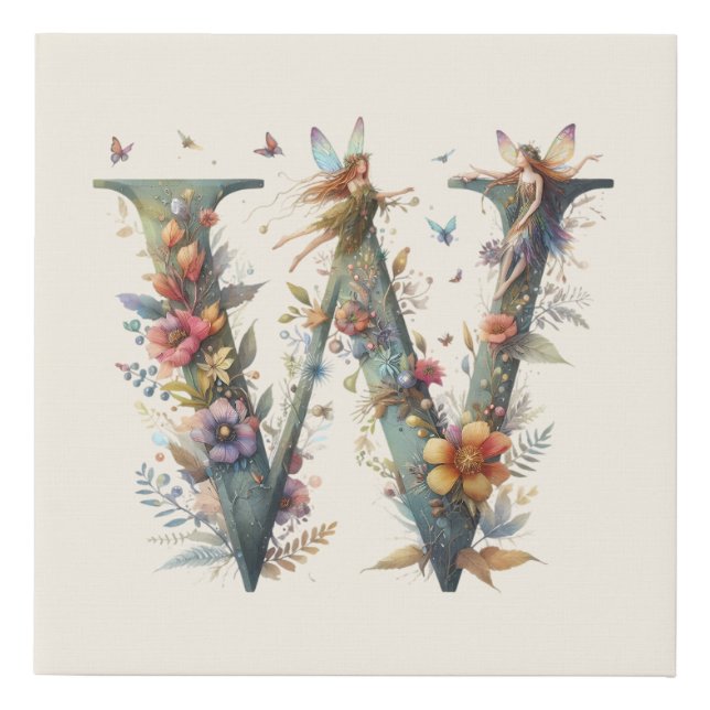 Watercolor Greenery Fairies Monogram Letter W Faux Canvas Print (Front)