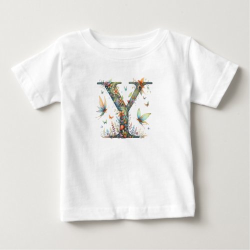 Watercolor Greenery Fairies Monogram Letter Y Baby T_Shirt