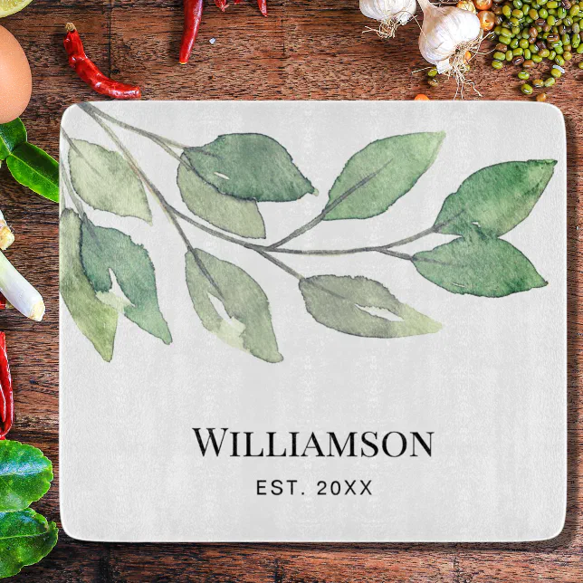 Discover Watercolor Greenery Family Name  Cutting Board