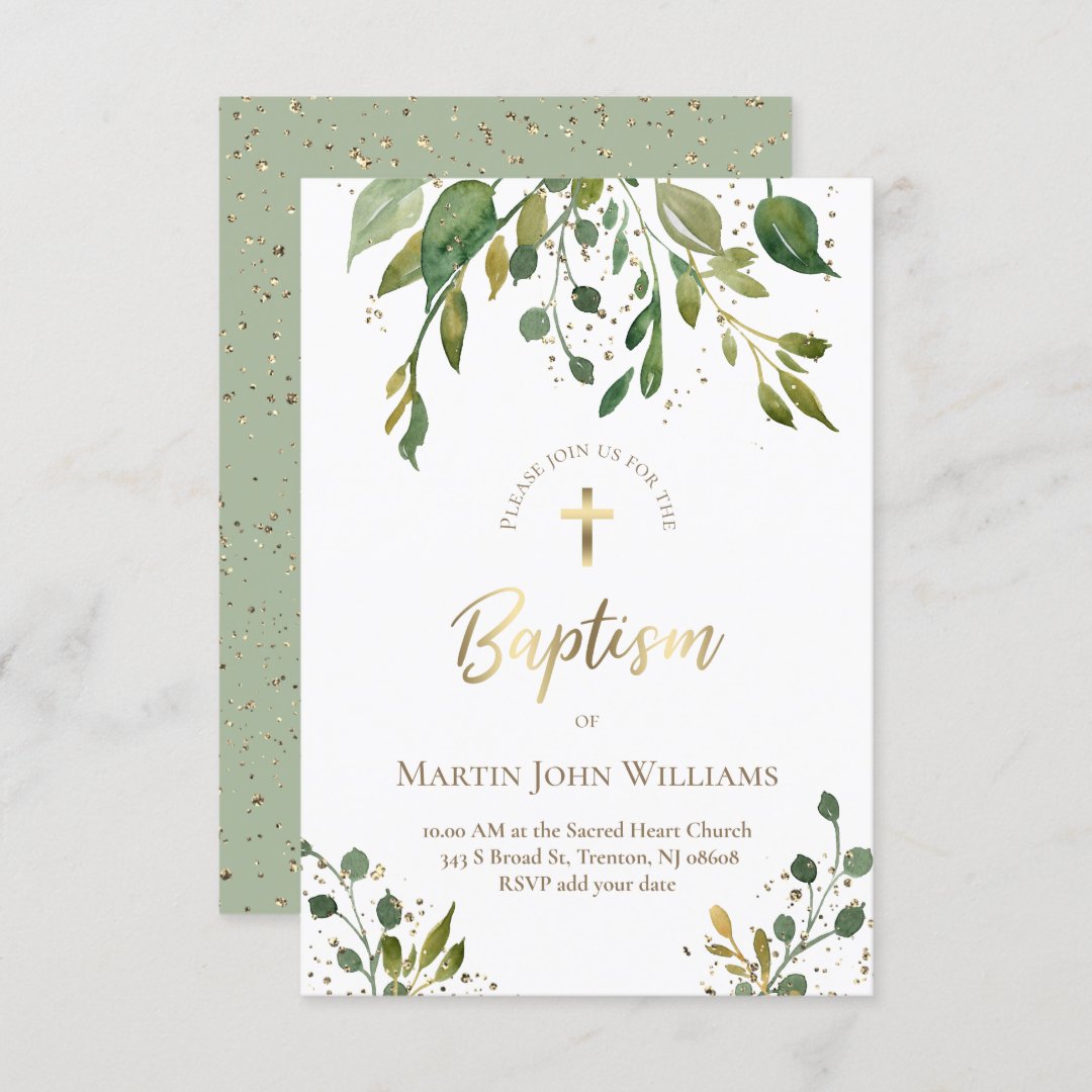 Watercolor Greenery Faux Gold Details Baptism Invitation 