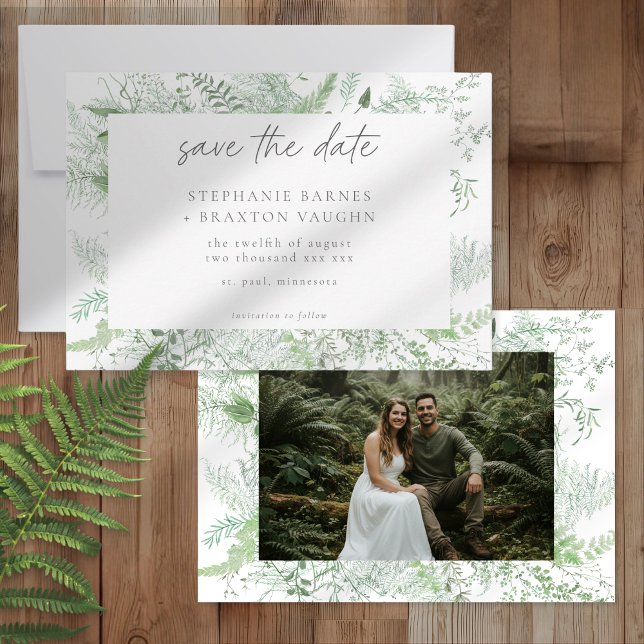 Watercolor Greenery Fern Rustic Wedding Photo Save The Date (Creator Uploaded)