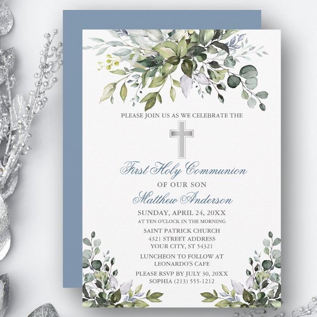 Watercolor Greenery First Communion Dusty Blue Invitation (Customize to change text color, size, style or to change color of back of card.)