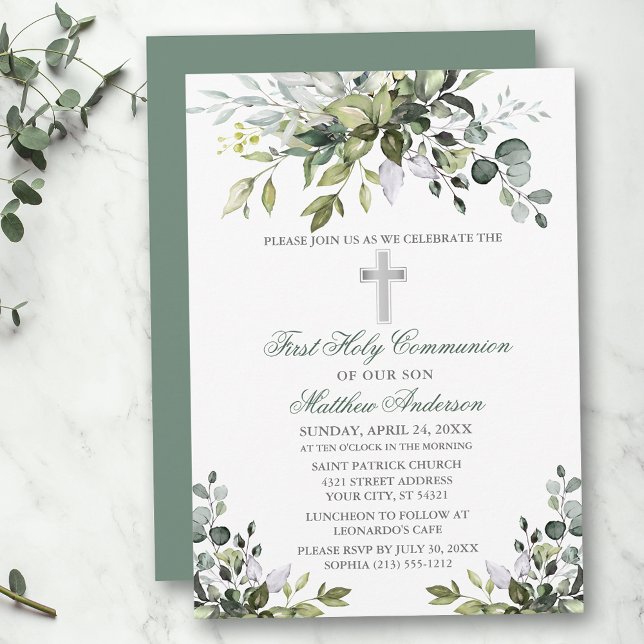 Watercolor Greenery First Communion Sage Green Invitation (Customize to change text color, size, style or to change color of back of card.)