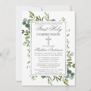 Watercolor Greenery First Communion Silver Invitation