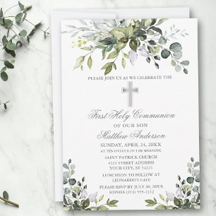 Watercolor Greenery First Communion Silver Invitation