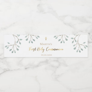 watercolor greenery First Communion Water Bottle Label