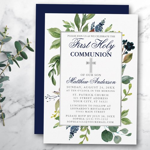 Watercolor Greenery First Holy Communion Blue Invitation