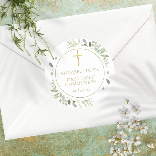 Watercolor Greenery First Holy Communion Classic Round Sticker