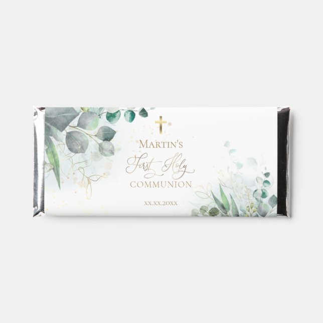 Watercolor greenery First Holy Communion Hershey Bar Favors (Front)