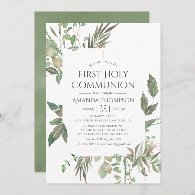 Watercolor Greenery First Holy Communion Invitation (Front/Back)