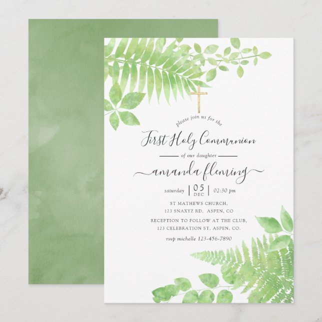 Watercolor Greenery First Holy Communion Invitation (Front/Back)