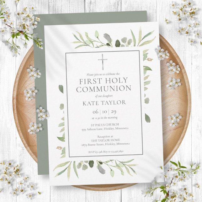 Watercolor Greenery First Holy Communion Invitation (Watercolor Greenery First Holy Communion Invitation)
