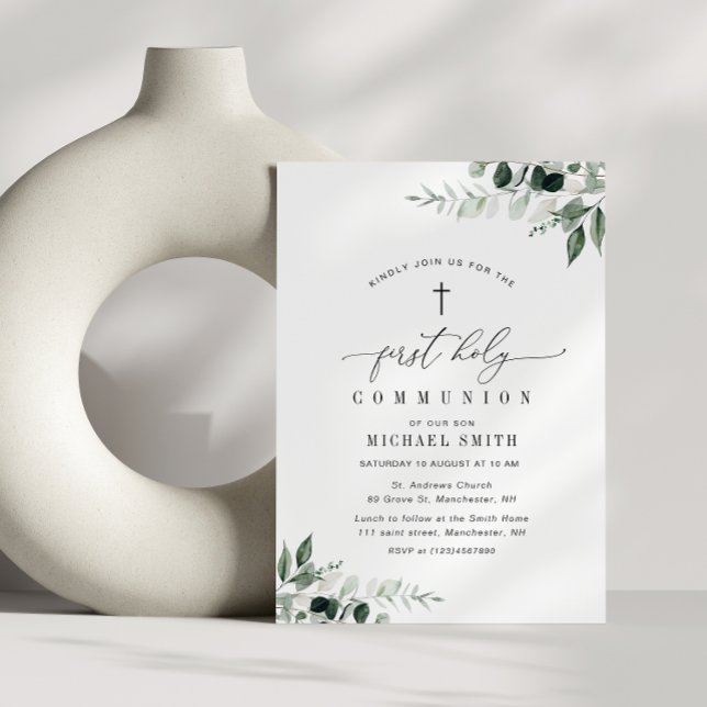 watercolor greenery first holy communion invitation (Creator Uploaded)