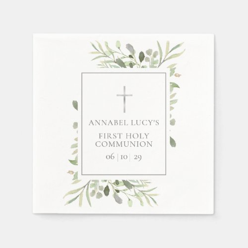 Watercolor Greenery First Holy Communion Napkins