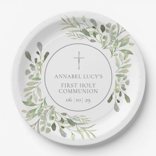 Watercolor Greenery First Holy Communion Paper Plates