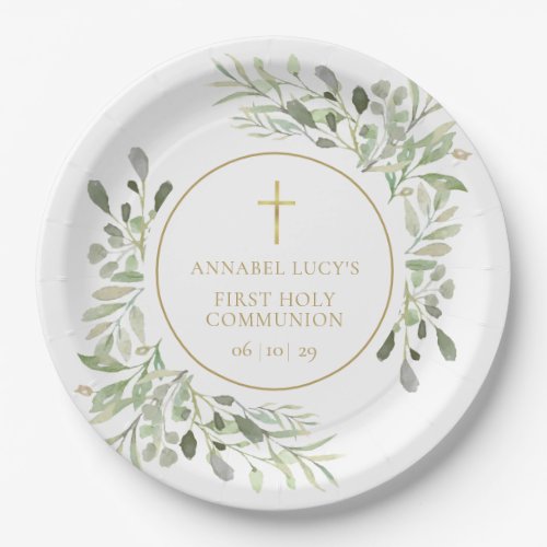 Watercolor Greenery First Holy Communion Paper Plates