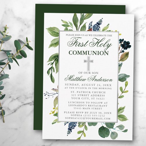 Watercolor Greenery First Holy Communion Silver Invitation