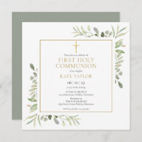 Watercolor Greenery First Holy Communion Square Invitation