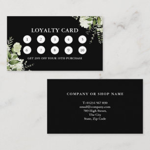 Watercolor Greenery Floral Black And White Loyalty Card