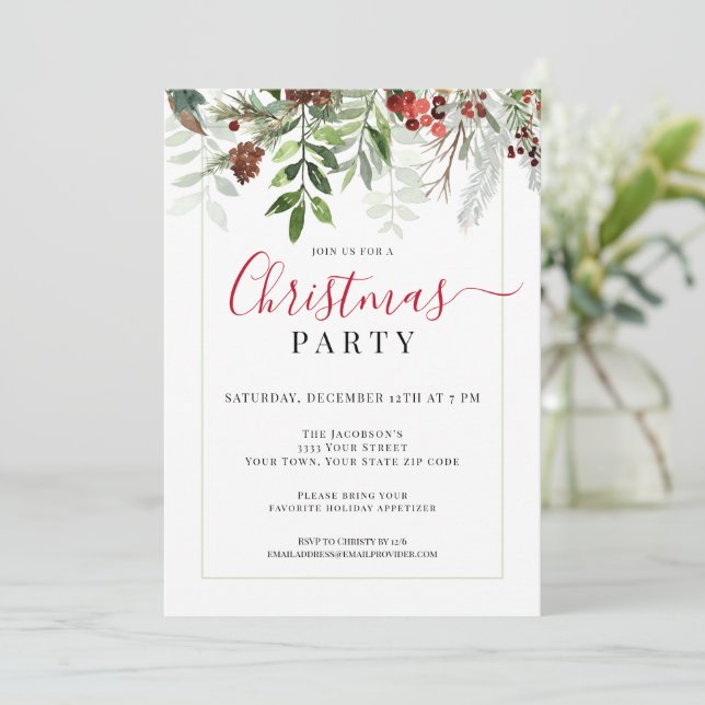 Watercolor Greenery Floral Christmas Party Invitation (Standing Front)