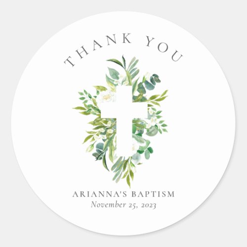 Watercolor Greenery Floral Cross Baptism Classic Round Sticker